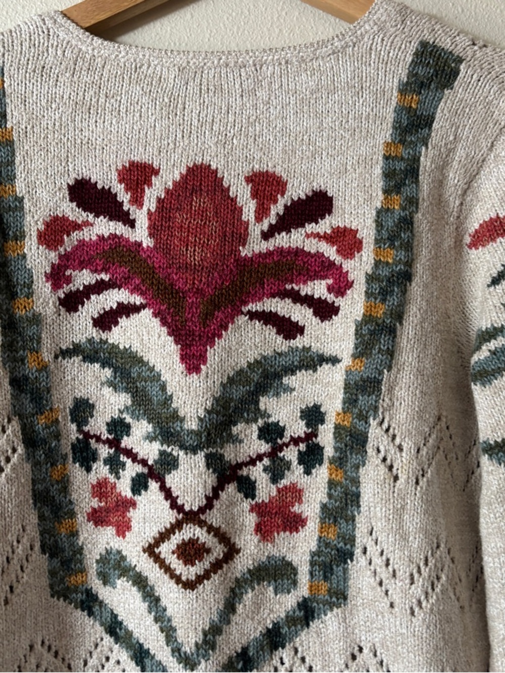 Peruvian Connection Pima Cotton and Alpaca Cream Cardigan Sweater Floral XL - Picture 8 of 10